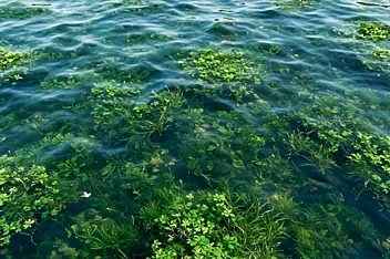 Clear rippling water shows dense green aquatic plants beneath the surface