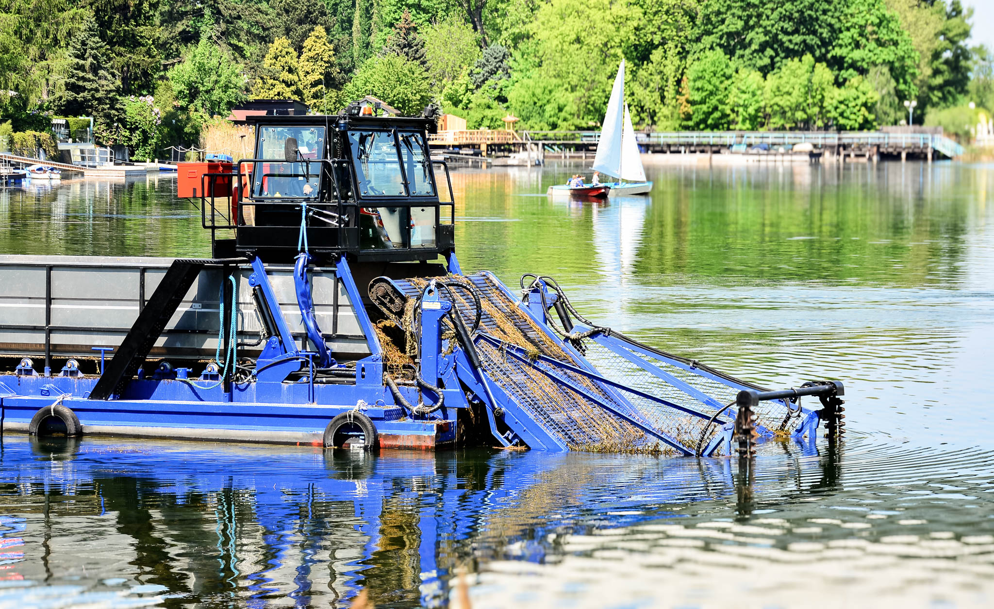 Mowing boat in action on the water